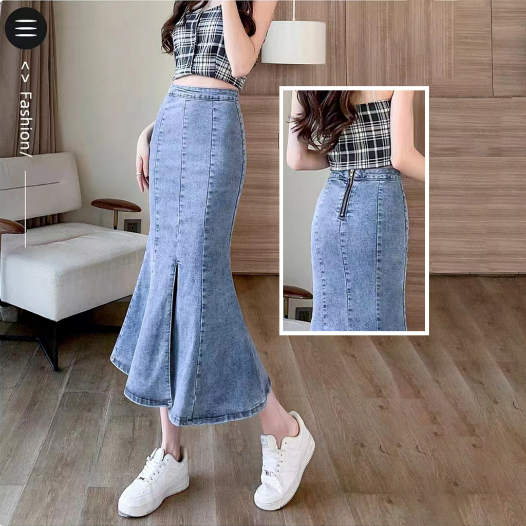 Jual Fashion wanita rok plisket rok jeans panjang rok 7/8 rok fishtail