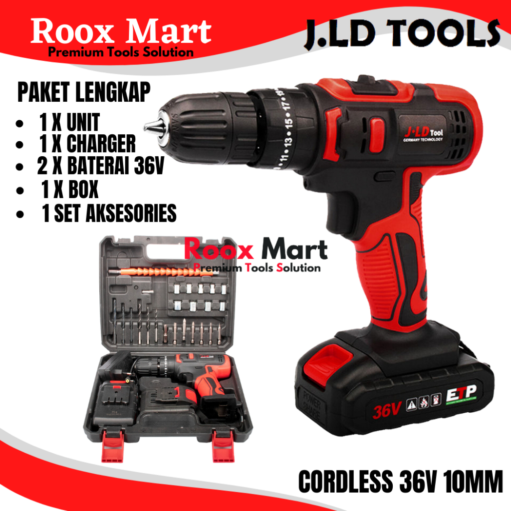 Jual Cordless Drill 36V Set 2 Battery Bor Baterai 10MM Set Tool Kit JLD ...