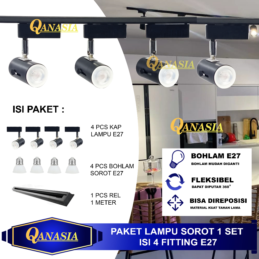 Jual Paket Lampu Sorot Rel Isi Spotlight Track Light Rell Fitting E