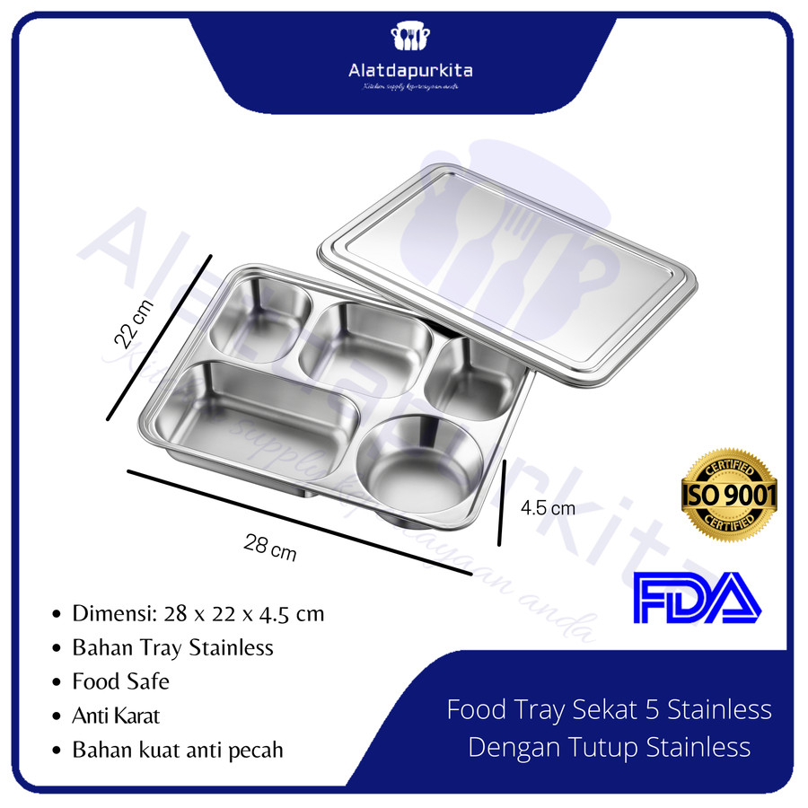 Jual Food Tray Piring Stainless Steel Lunch Box Set 5 Sekat Tebal Dengan Tutup Stenlis Tempat 9300