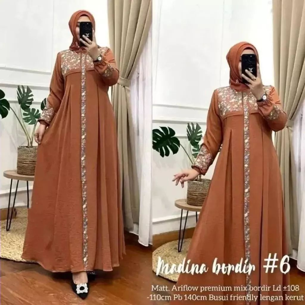 Jual Madina Bordir Dress Gamis Crinkle Airflow Baju Muslim Wanita Terbaru Fashion