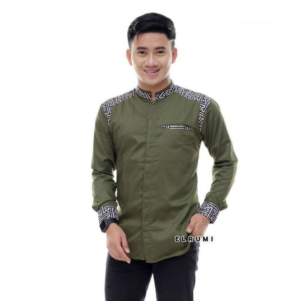 Jual Baju Koko Pria Kombinasi Batik Warna Army Model Terbaru Viral