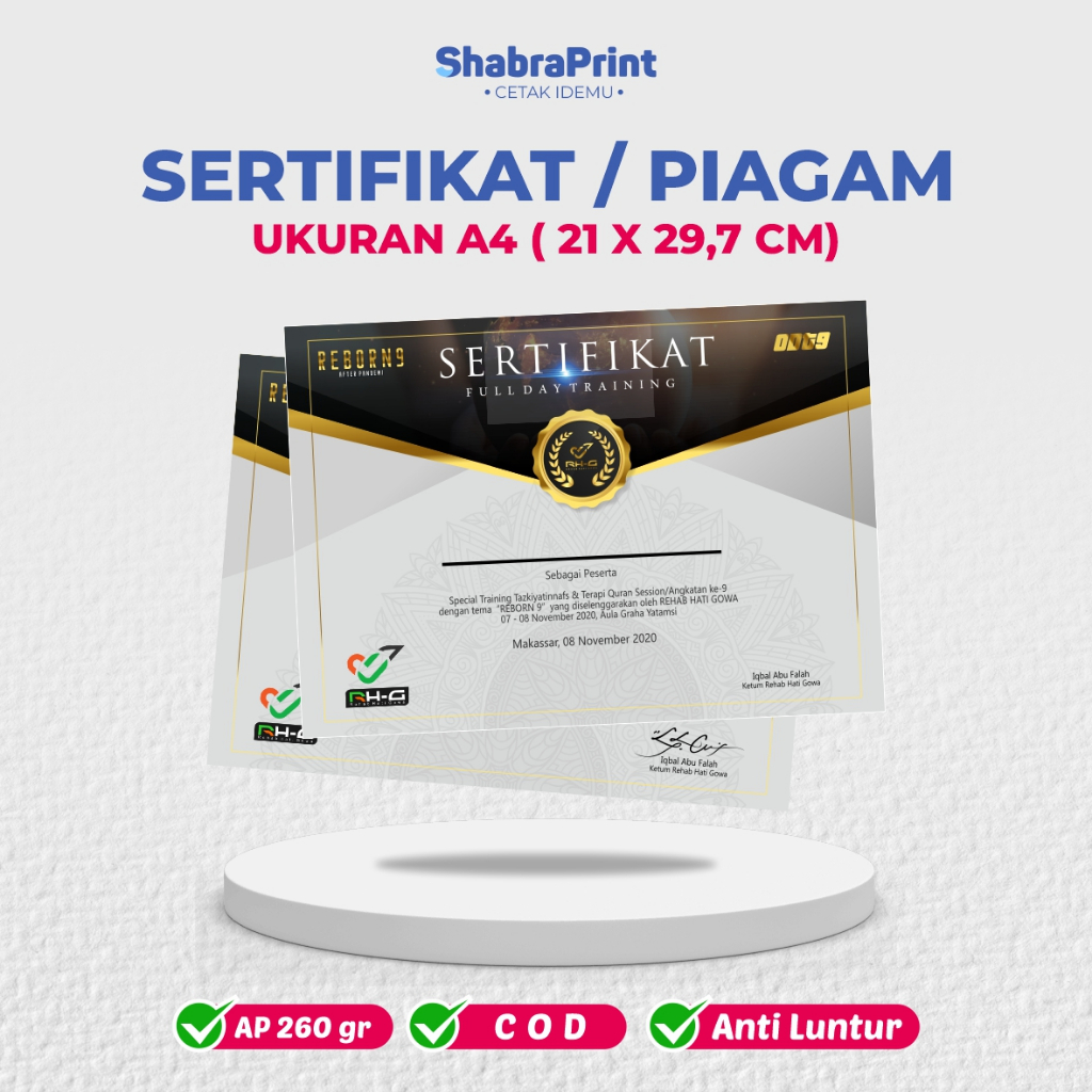 Jual Sertifikat Custom Piagam Penghargaan Bahan Art Paper 260gsm