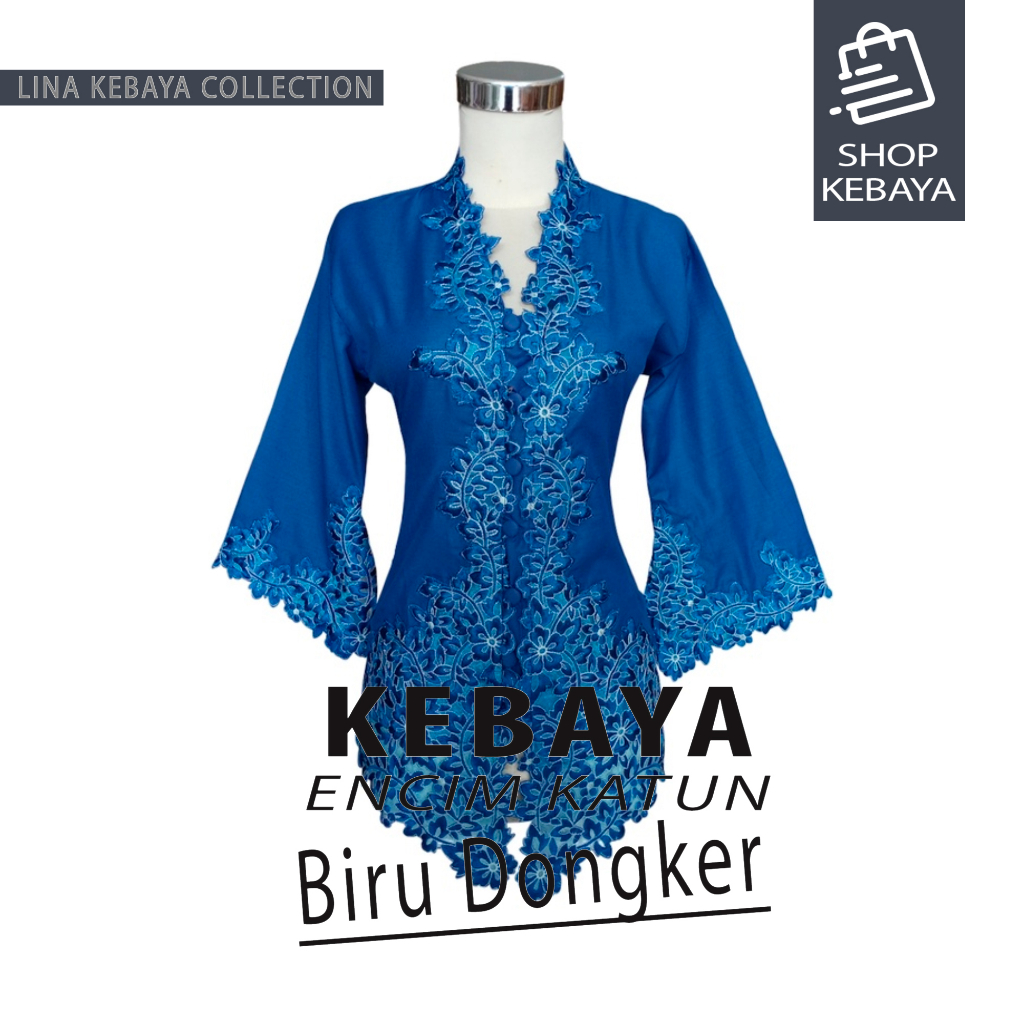 Jual Kebaya Encim Kartini Katun Bordir Modern Biru Dongker Lengan