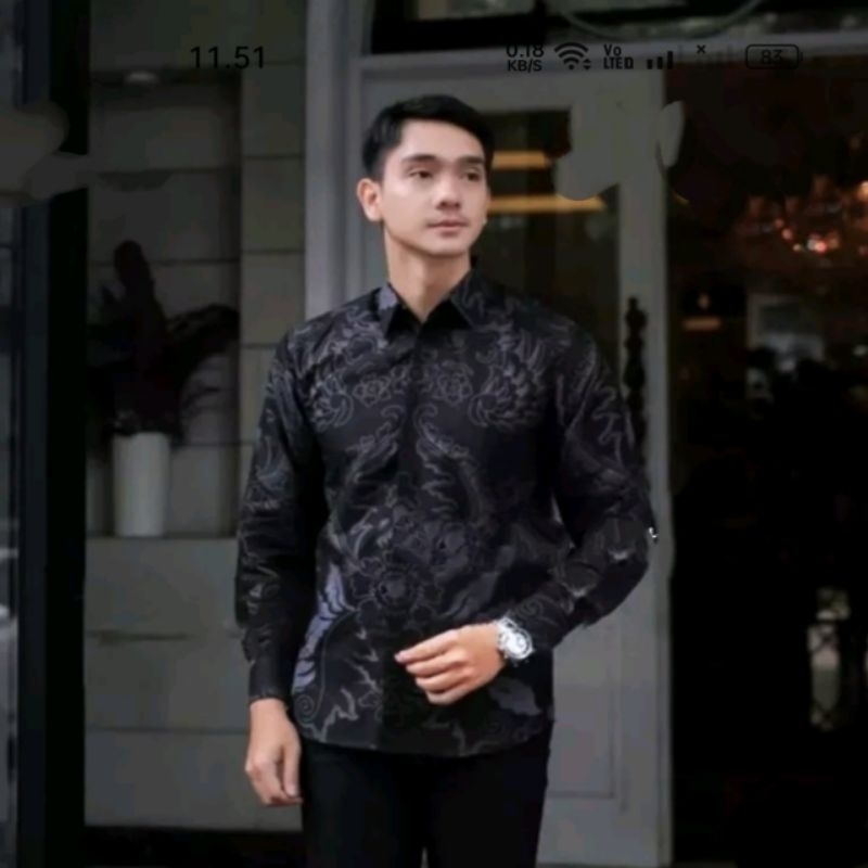 Jual Mahkota Abu Kemeja Batik Pria Lengan Panjang Slimfit Hem Baju