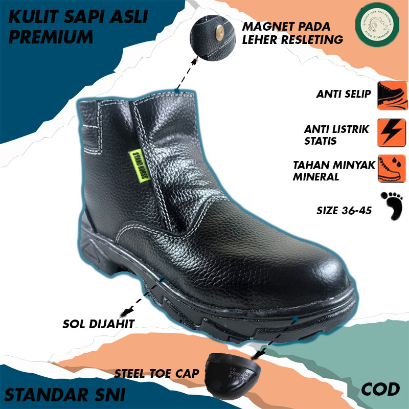 Jual Sepatu Safety Pria Ujung Besi Original Kulit Sapi Asli Premium Sepatu Proyek Sepatu Safety