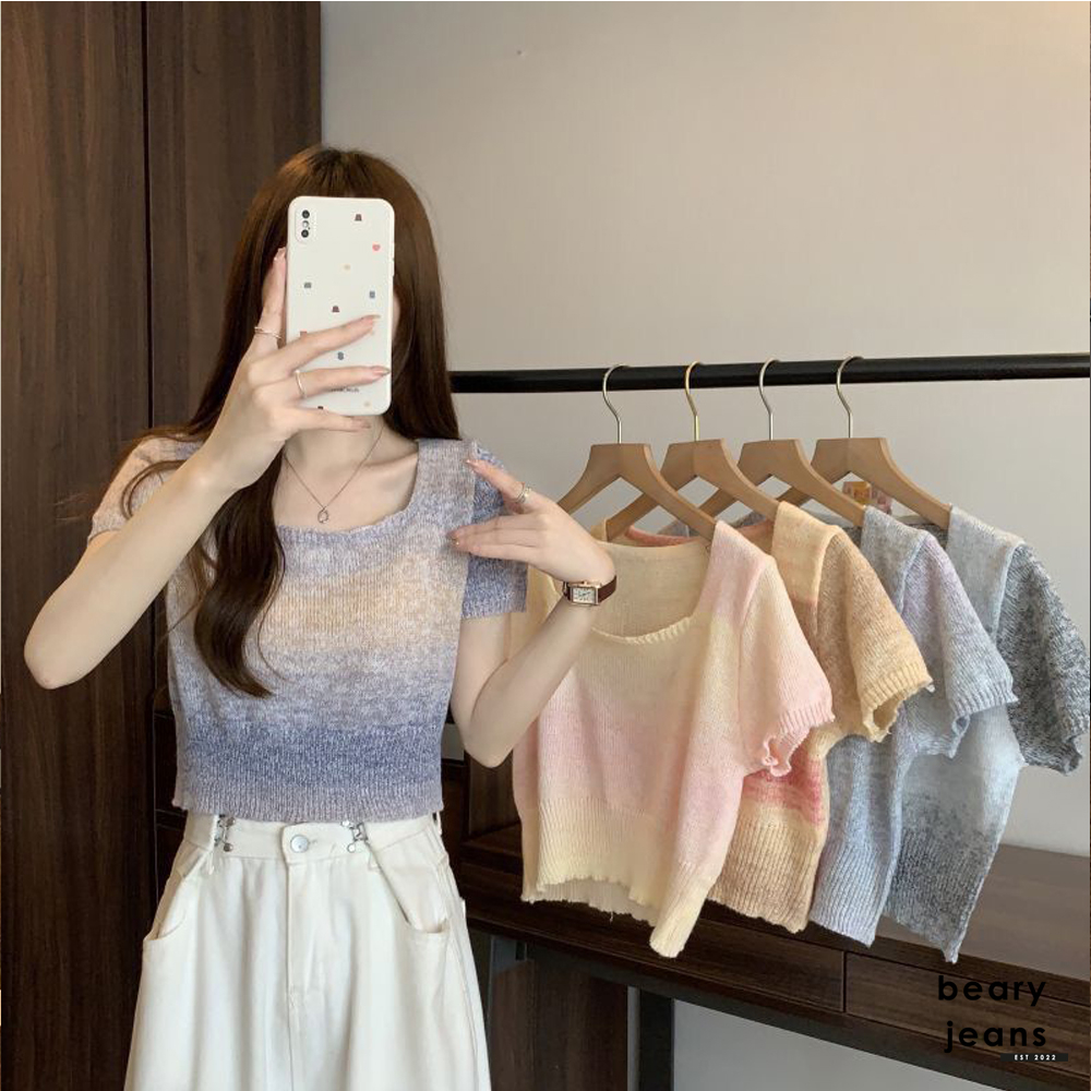 Jual Bearyjeans T Shirt Gradient Ice Silk Square Crop Kaos Wanita Rajut