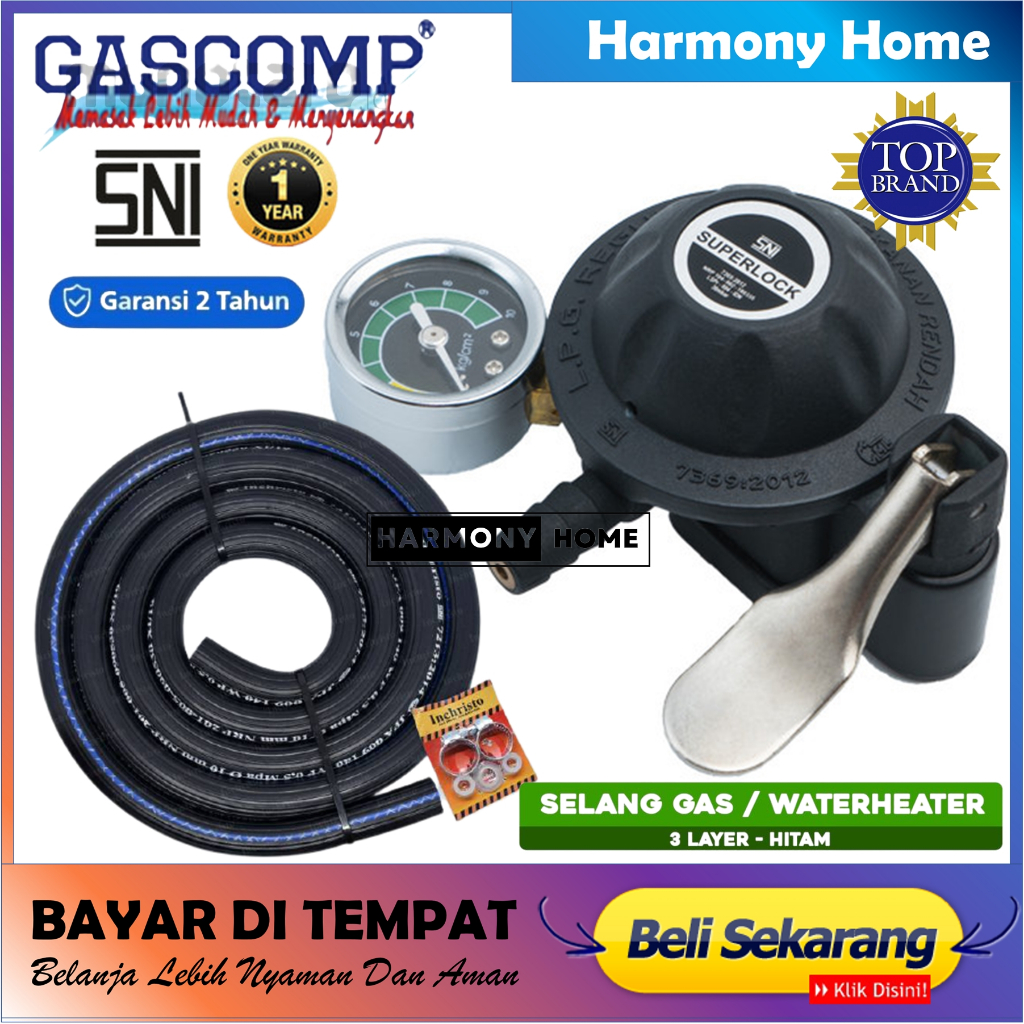 Jual GASCOMP SUPERLOCK REGULATOR GRS01+SELANG GAS HITAM 2 METER / GRS ...