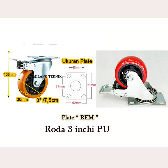 Jual Roda 3 inch PU TAIWAN+Double Bearing Tetap/Hidup/Putar+Rem/Troli ...