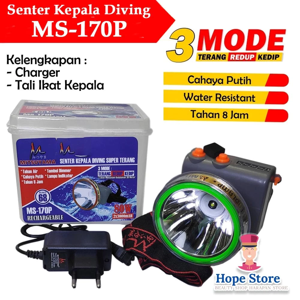 Senter Kepala Mitsuyama MS 170P / MS 170K 80 Watt - Senter Selam Water Resistant Anti Air Diving Super Terang BISA COD | AutoStock
