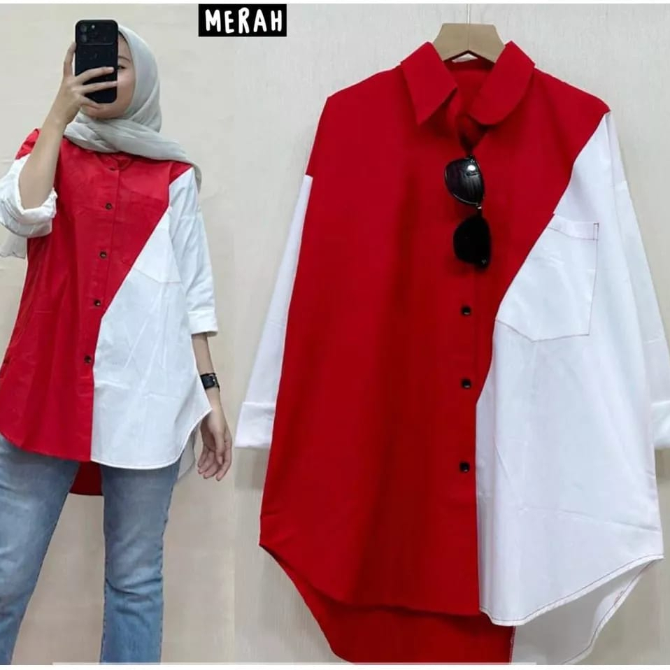 Jual Kemeja Wanita Merah Putih Katun Poplin Edisi Agustus Shopee