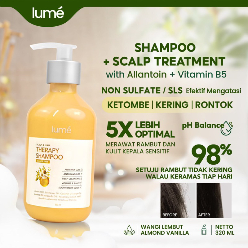 LUME SCALP HAIR THERAPY SHAMPOO NON SULFAT SLS WITH ALLANTOIN + VITAMIN B5 ANTI RONTOK KETOMBER KERING LUMECOLORS