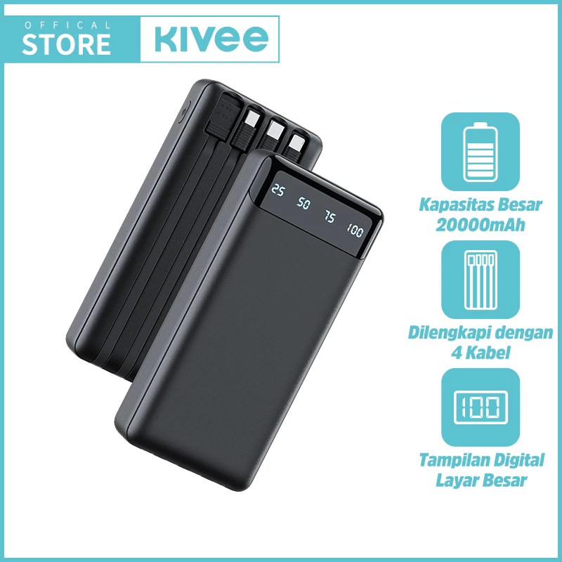 KIVEE Powerbank 20000 mah Fast Charging Mini LCD With Kabel Data lightning Type C Micro USB