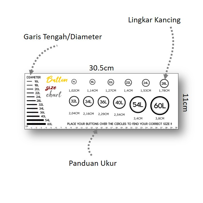Jual LEMBAR PANDUAN UKURAN KANCING BAJU | PANDUAN UKURAN KANCING ...