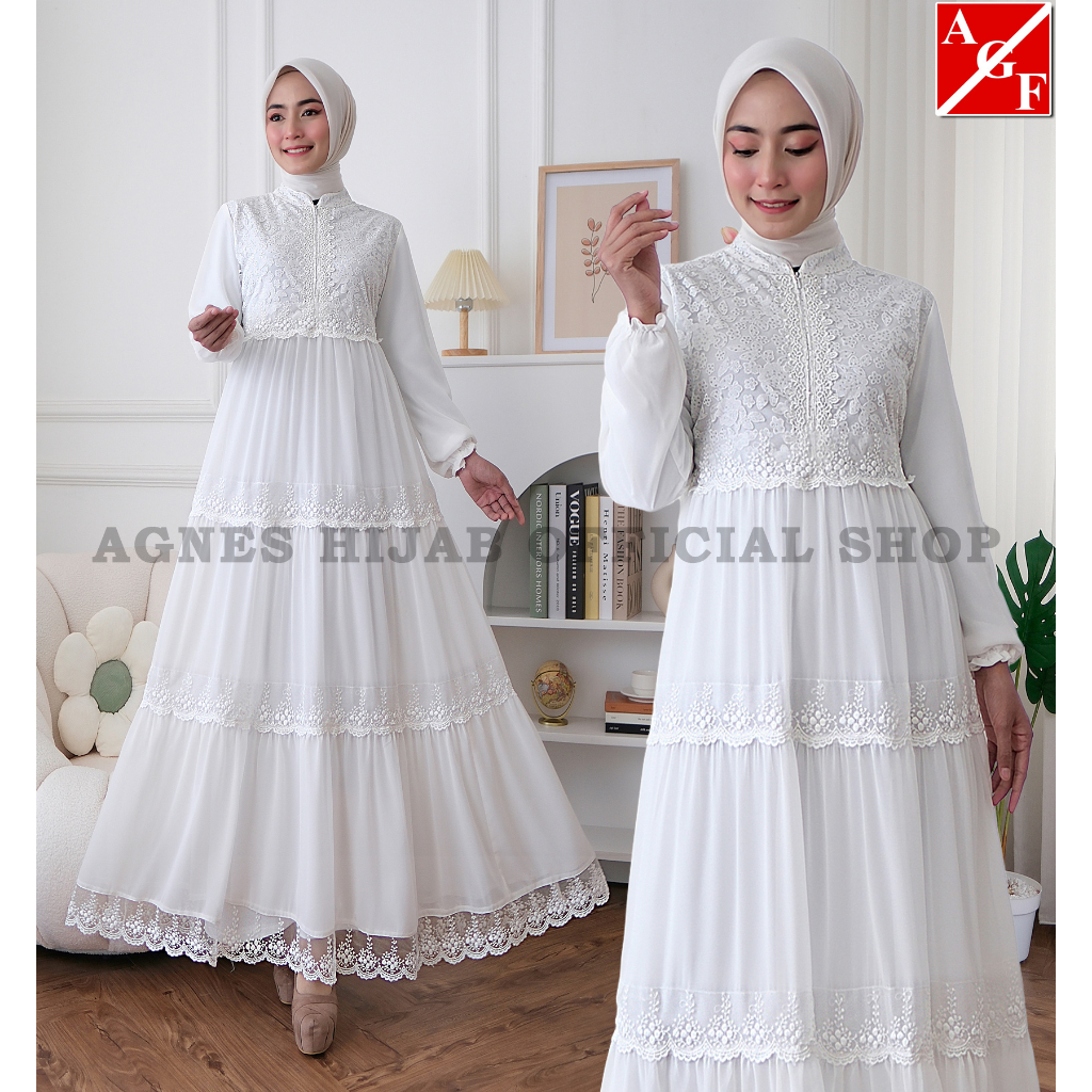 Jual Gamis Abaya Putih Wanita Brukat Baju Lebaran Umroh Haji Busana