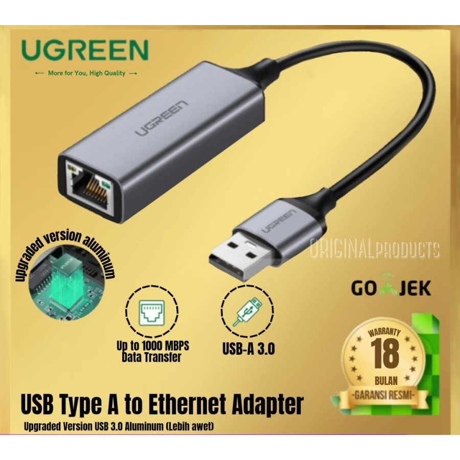 Jual ugreen usb 3.0 to lan adapter gigabit 10/100/1000 converter 50922 USB LAN