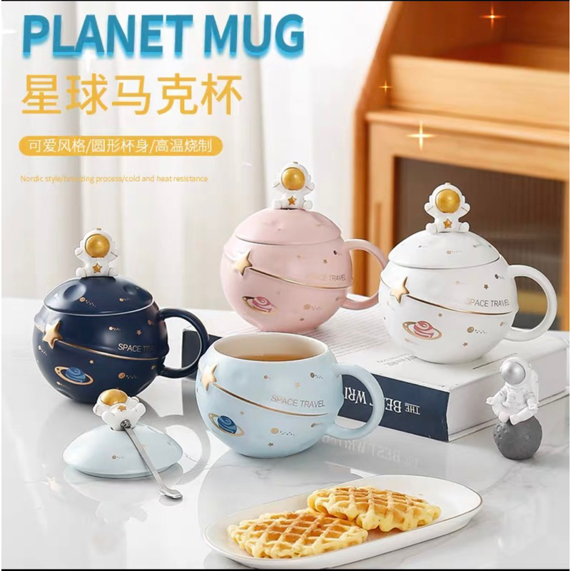 Tazza Astronauta Carina Con Coperchio E Cucchiaio – Tema Pianeti E Spazio, Tazza In Ceramica Per Caffè, Idea Regalo Divertente (Blu) - 2