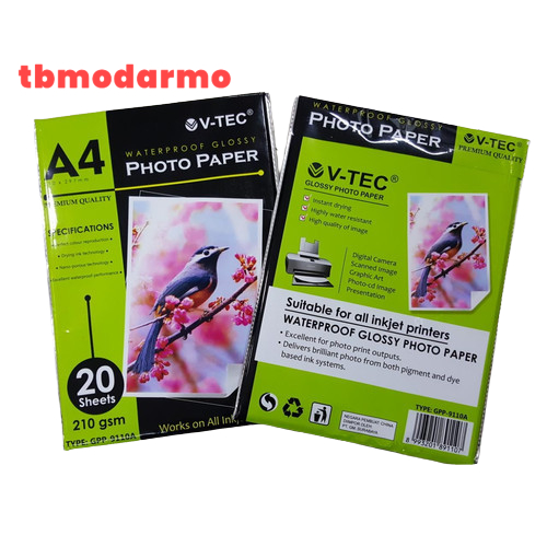 Jual TBMO V-TEC GLOSSY PHOTO PAPER TYPE GPP-9110A A4 210GRAM | Shopee ...