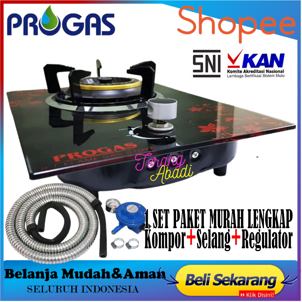Jual Kompor Gas Tanam Kaca Progas 1 Tungku Bonus Selang Gas+Regulator