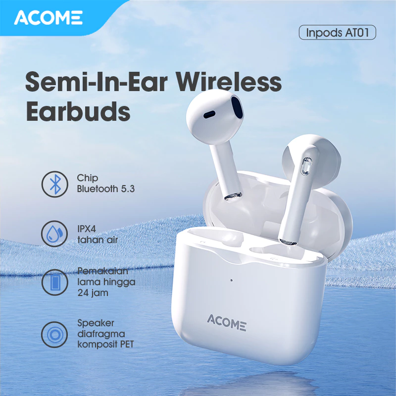 Acome TWS Bluetooth 5.3 Headset Earphone IPX4 Waterproof 3 Gram Ultra Light Inpods AT01 - Garansi Resmi 1 Tahun