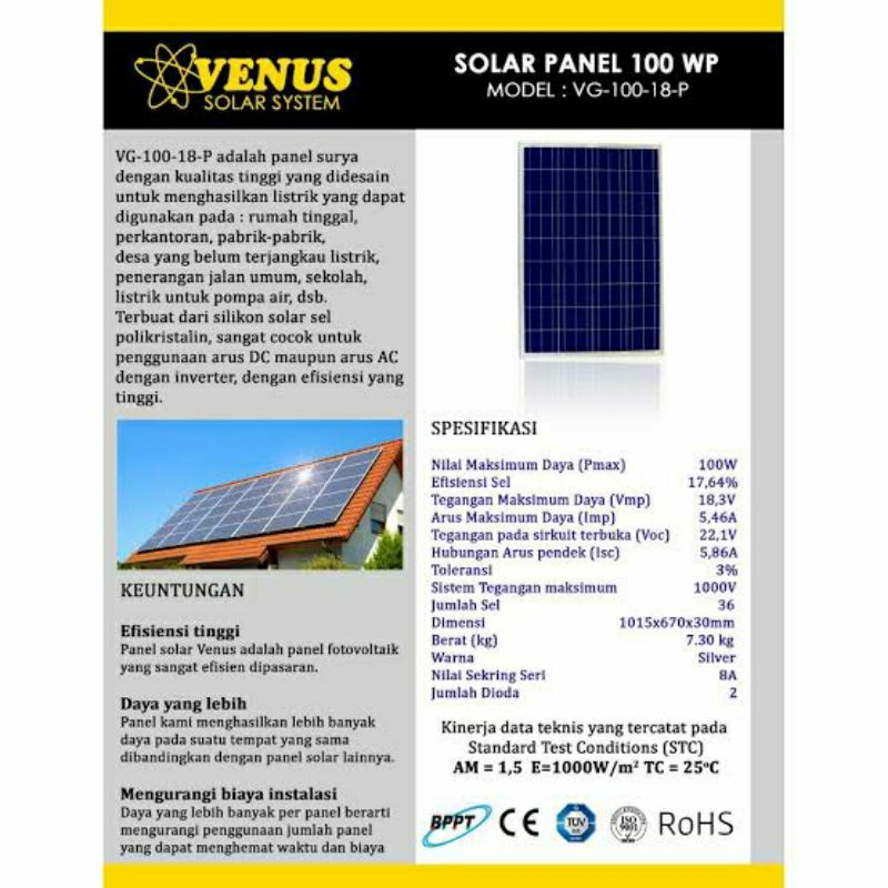 Jual Solar Panel Tenaga Surya Venus 100 WP - Polycrystaline | Shopee ...