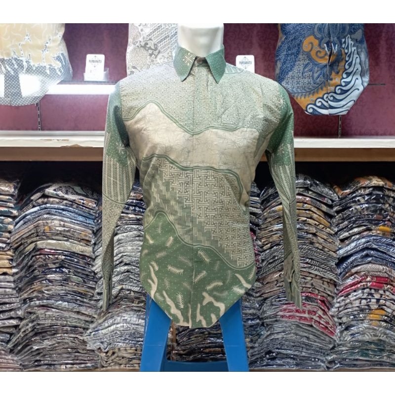 Jual kemeja batik hijau sage lengan panjang lapis furing,kemeja pria