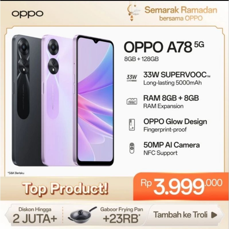 Jual OPPO A78 4G - RAM 8+8/256GB, NFC, CAM 50MP, BAT 5000MAH, FAST 33W ...