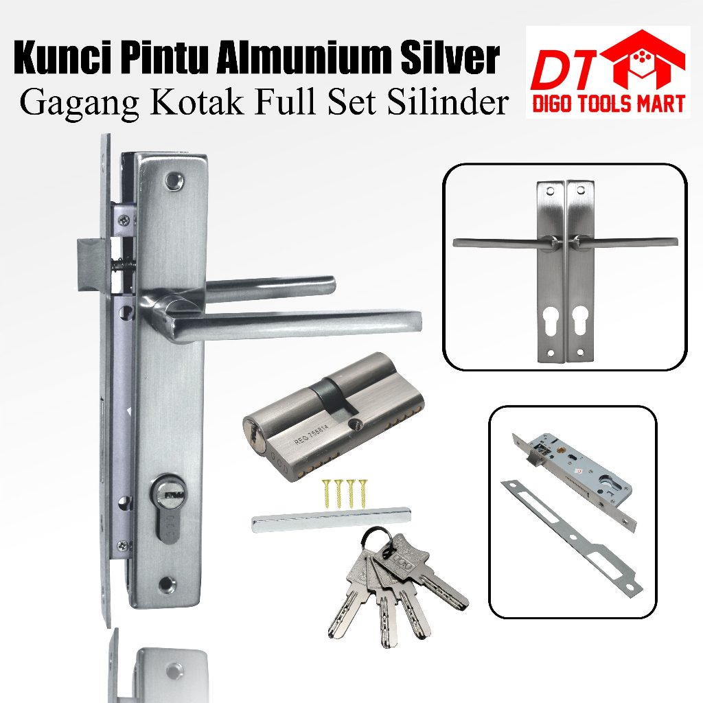 Jual Kunci Pintu Alumunium Silver Gagang Kotak Full Set Silinder ...