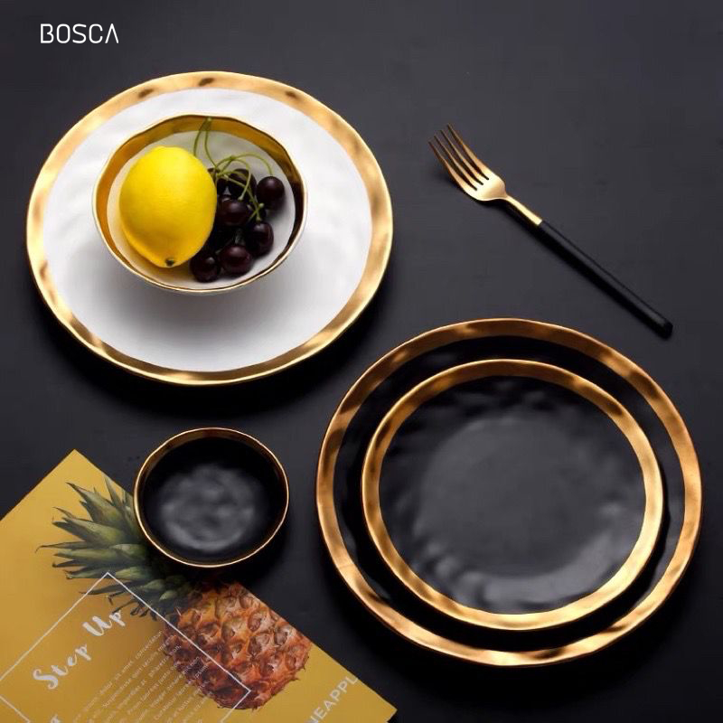 Jual Bosca Living Piring Makan Hitam Putih List Gold Gold Rim