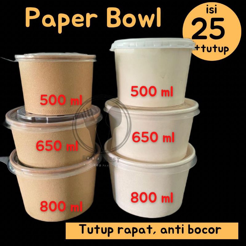 Jual [ISI 25pc + tutup] PAPER BOWL 500ML PUTIH 800ML 650ML COKLAT + LID
