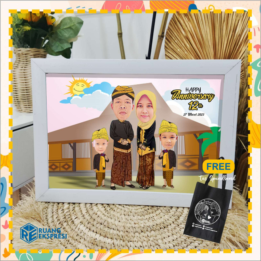 Jual Karikatur 4 Wajah Custom Edit Digital Premium Murah Cetak Bingkai