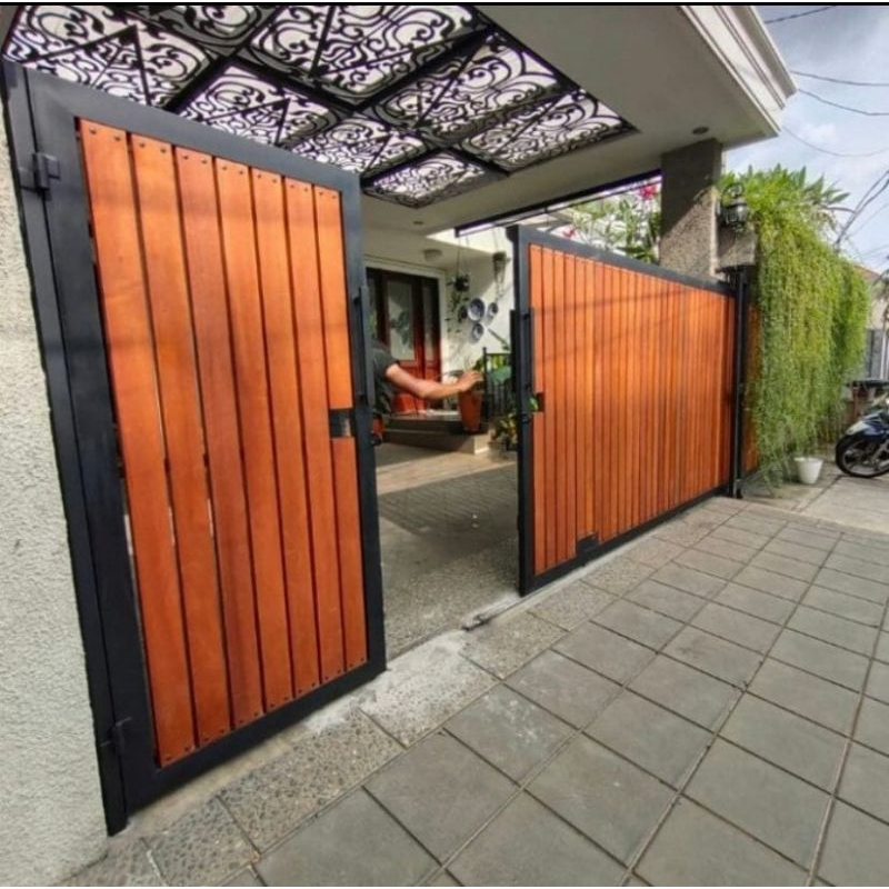 Jual pagar rumah minimalis modern serat kayu jati bagus (cod) | Shopee