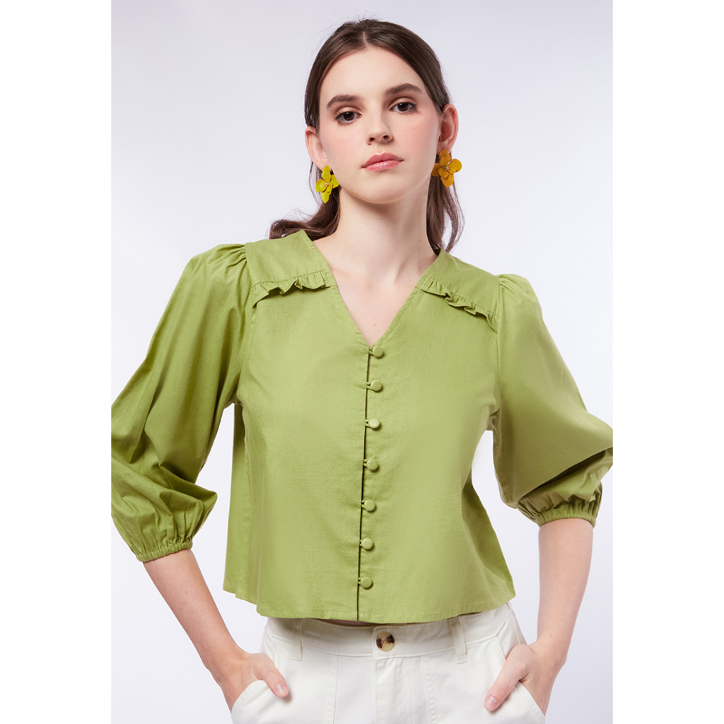 Jual Et Cetera V Neck Ruffled Long Sleeve Blouse Moss Green Shopee