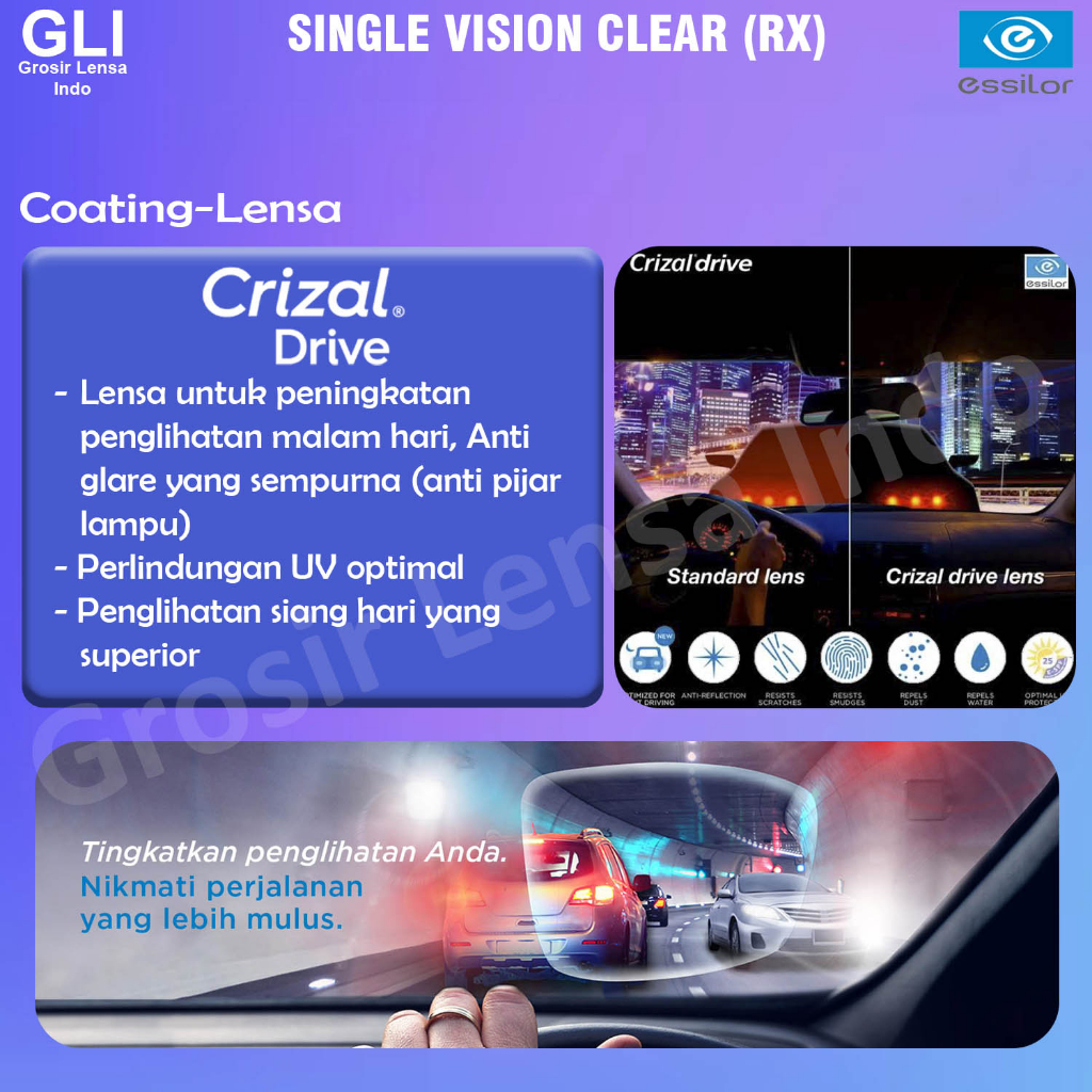 Lensa kacamata Essilor SV Stylis Crizal Rock Sapphire Drive  Optifog Prevencia