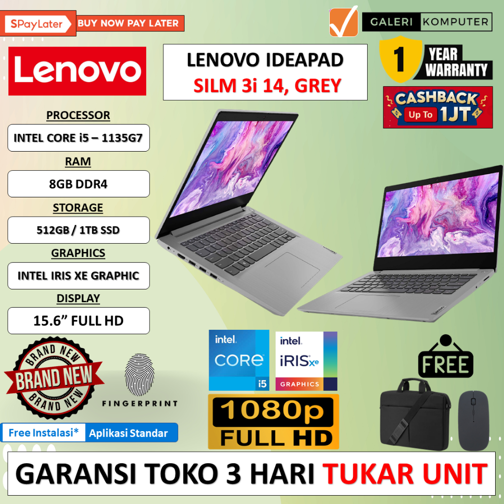 Jual LAPTOP SLIM MURAH LENOVO IDEAPAD SLIM 3I 14 INTEL I5 1135G7 8GB ...