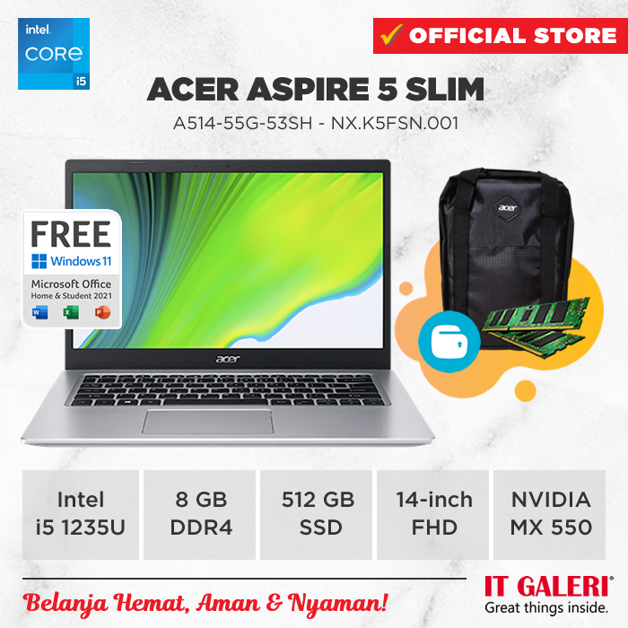 LAPTOP ACER ASPIRE 5 A514-55G-53SH | I5-1235U 8/512 MX550 W11+OHS21