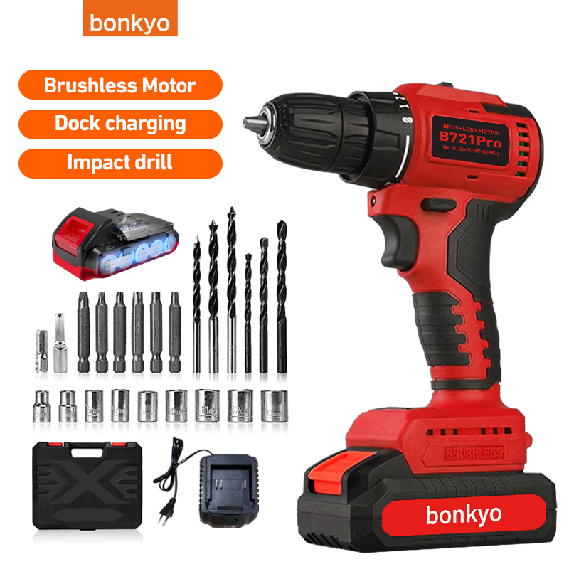 Jual Bonkyo Brushless Mesin Bor Baterai Cordless V Impact Drill Beton Besi Kayu Full Set Dock