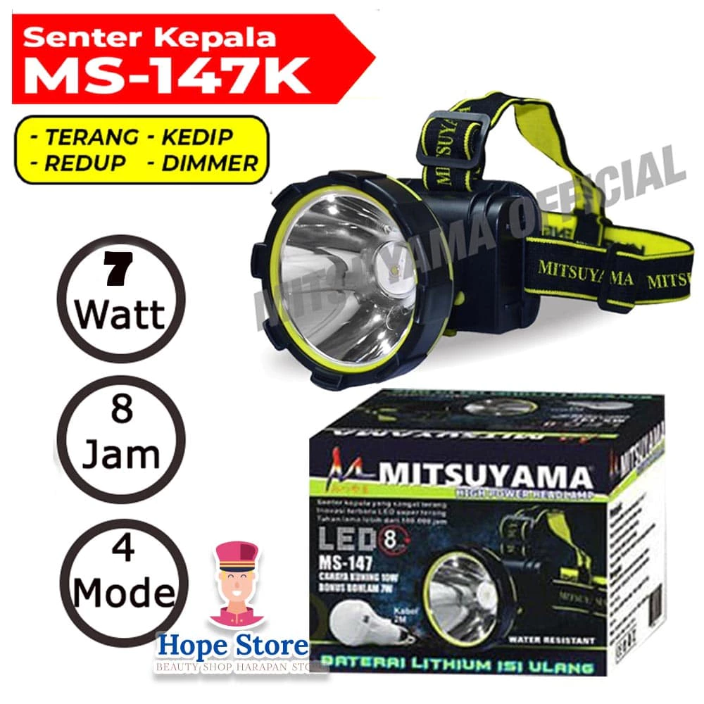 Lampu Kepala Mitsuyama MS147 - Senter LED Tahan Air dengan 4 Mode Pencahayaan BISA COD | AutoStock
