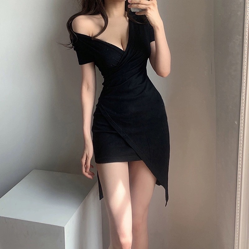 Jual V Neck Short Sleeve Asymmetric Mini Dress 1598 (S/M/L/XL) | Shopee Indonesia