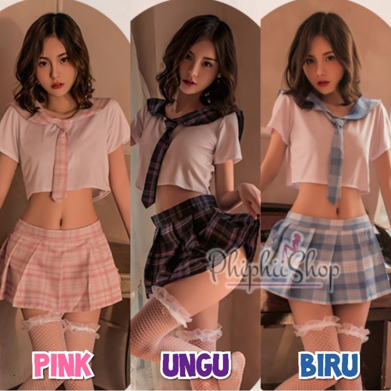 Jual Lingerie Sexy Cosplay Setelan Seragam Jepang Model Plaid Skirt Kotak Seifuku Sailor School 