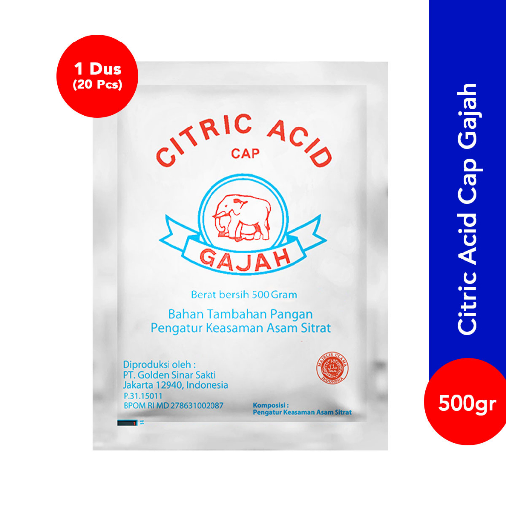 Jual Rose Brand Citric Acid Cap Gajah Kemasan 500 Gram 1 Dus