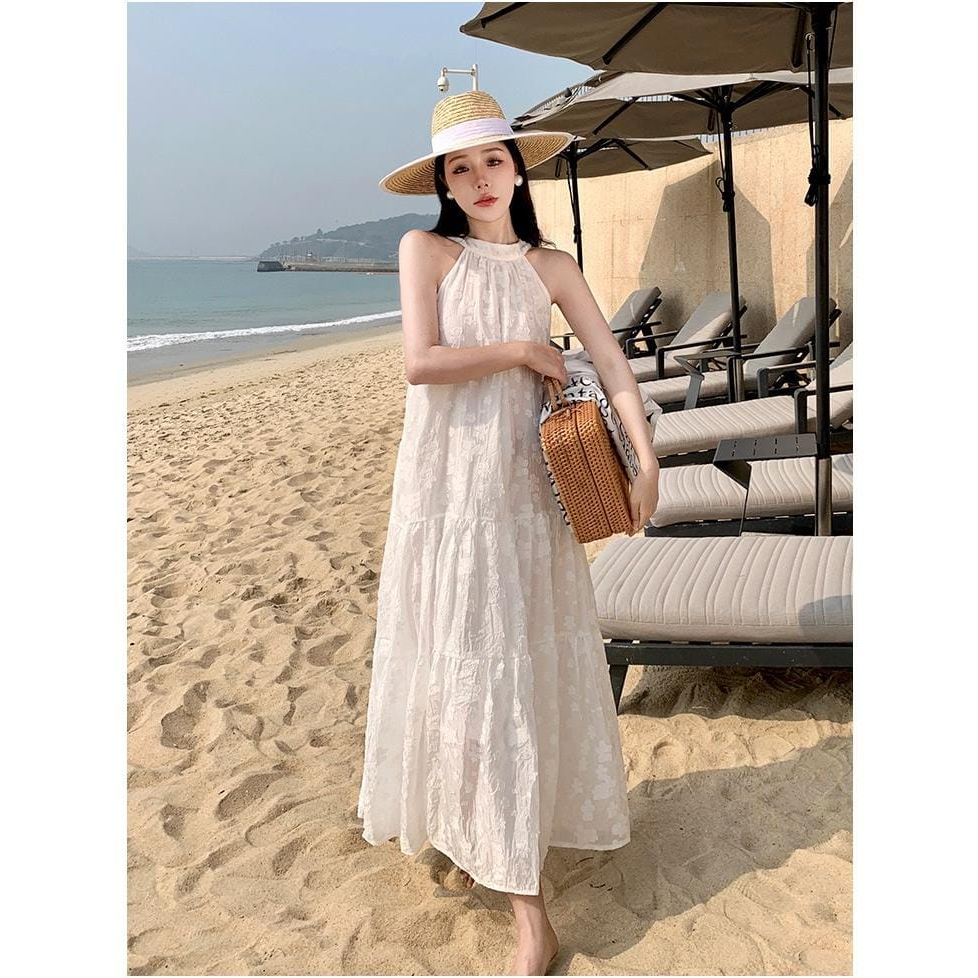 Jual JESSICA white halter neck dress wanita import flower dress pantai