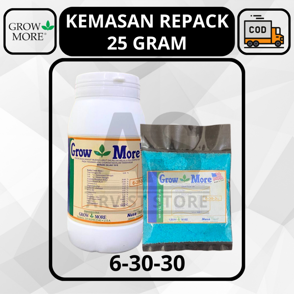 Pupuk GROW MORE 6 30 30 Repack 25 Gram NPK Buah Masa Generatif