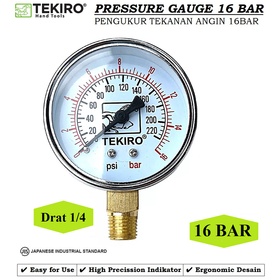 Jual TEKIRO MANOMETER 2.5 Bar 10 Bar 16 Bar 25 Bar Pressure Gauge