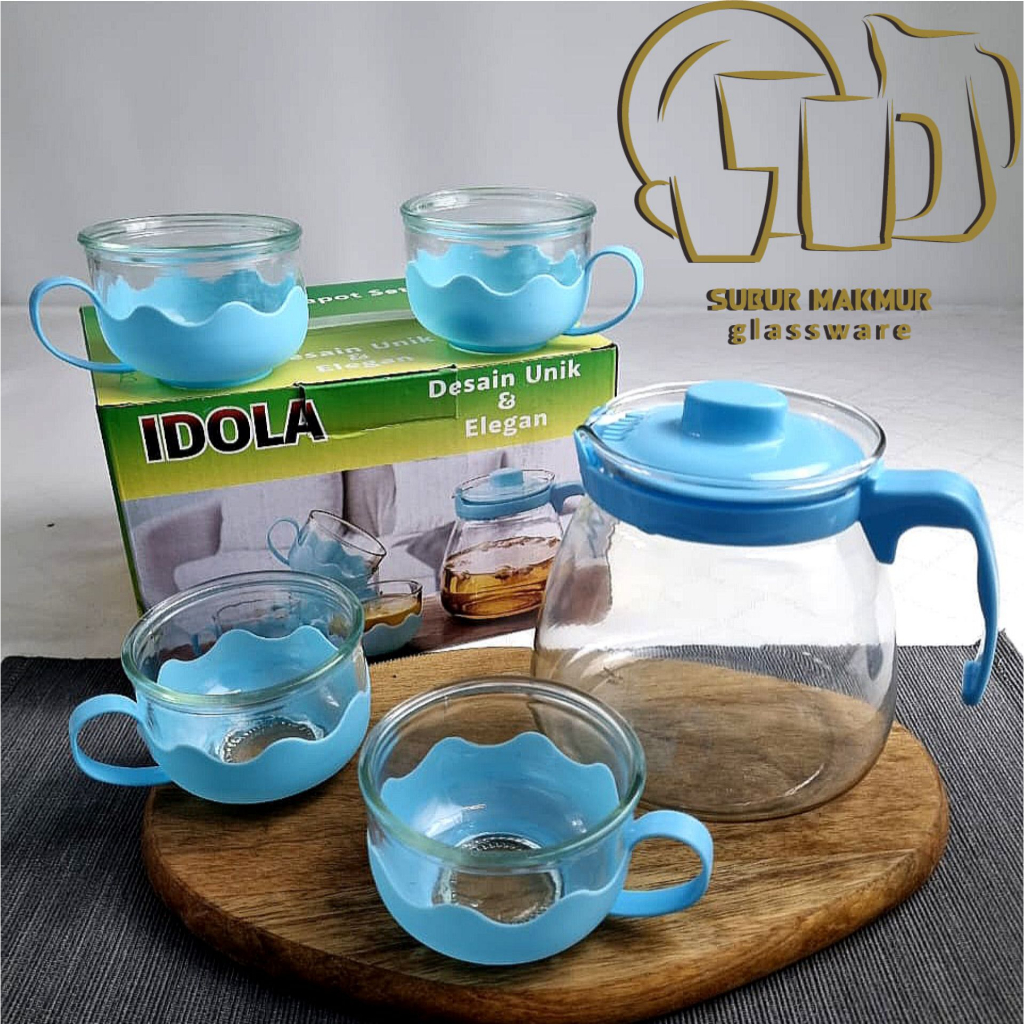 Jual [1 Set] Tea Pot Set Kaca 5 in 1. Gift Set Cangkir 4 Pcs & 1 Pcs