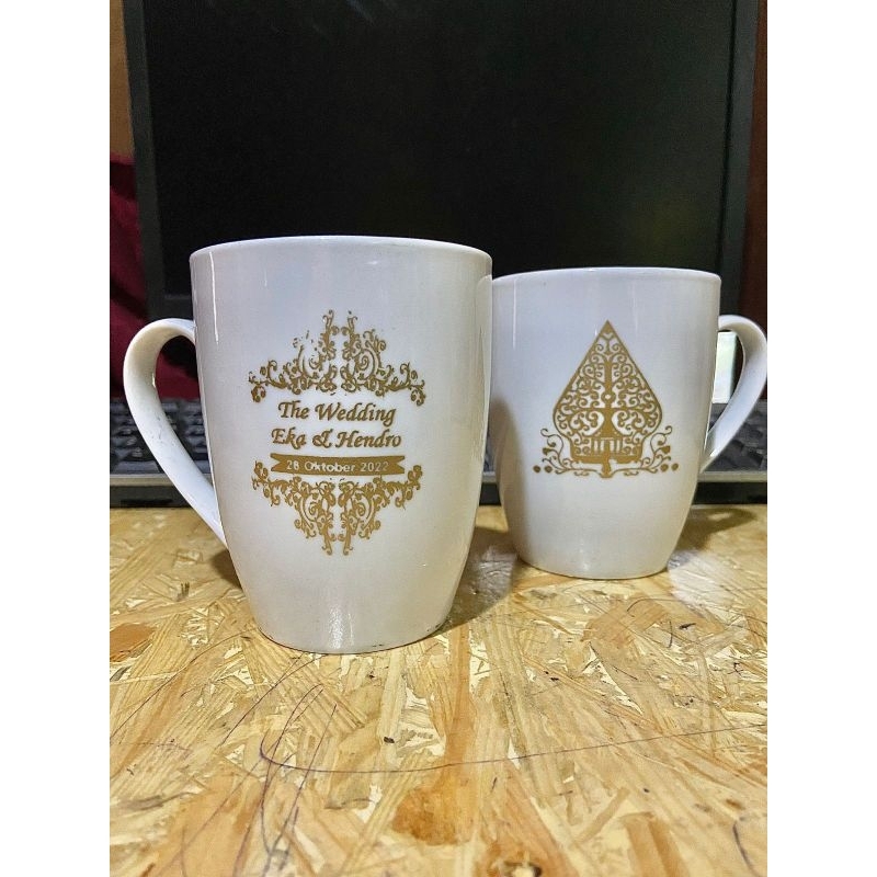 Jual Souvernir Pernikahan Gelas Sablon Gelas Mug Keramik Slim V Gagang Plus Cetak Sablon Dan 9345