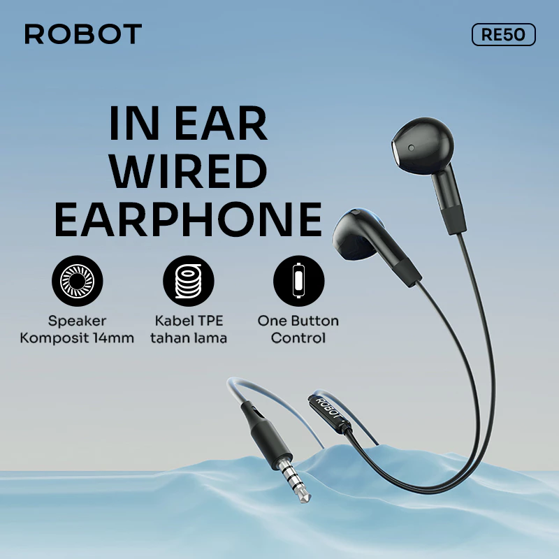 ROBOT Earphone InEar Headset Musik Headset Kabel Telpon RE50 Android/iPhone Original - Garansi Resmi 1 Tahun