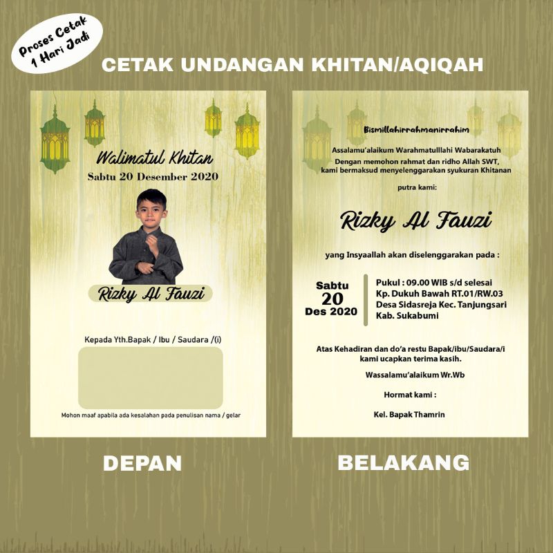 Jual undangan khitanan 1 lembar bolak balik, undangan khitan anak