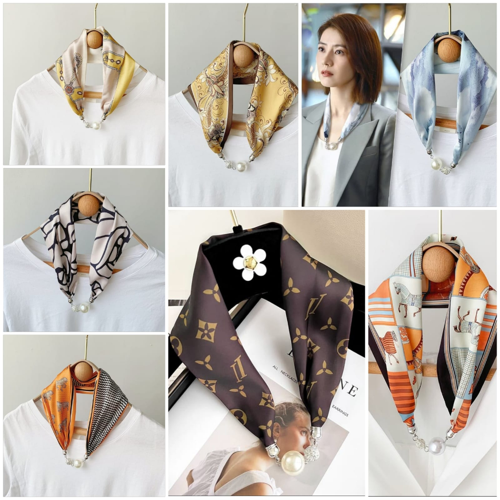 Jual Ready Silk Scarf Necklace Syal kalung pearl syal leher dengan