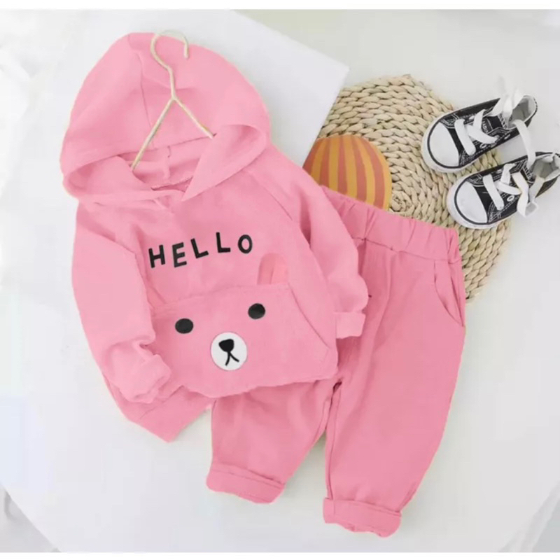 SETELAN BAJU HOODIE HELLO ANAK PEREMPUAN LENGAN PANJANG MODEL TERBARU PAKAIAN HOOIDE KUPLUK ANAK PEREMPUAN YANG LAGI VIRAL ATASAN DAN BAWAHAN
